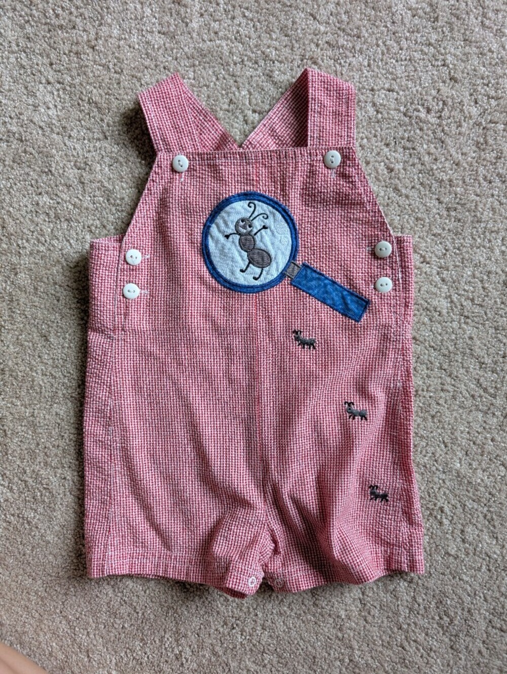 12 Month Boys Red White Plaid Shortalls Jon Jons Ant Magnifying Glass Applique